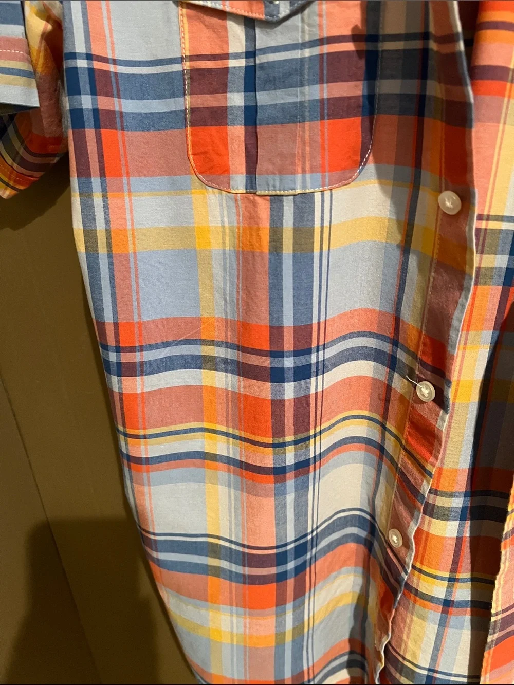 Banana Republic Short-Sleeve Plaid Button-Up Shirt — Orange, Blue & Yellow Sz L